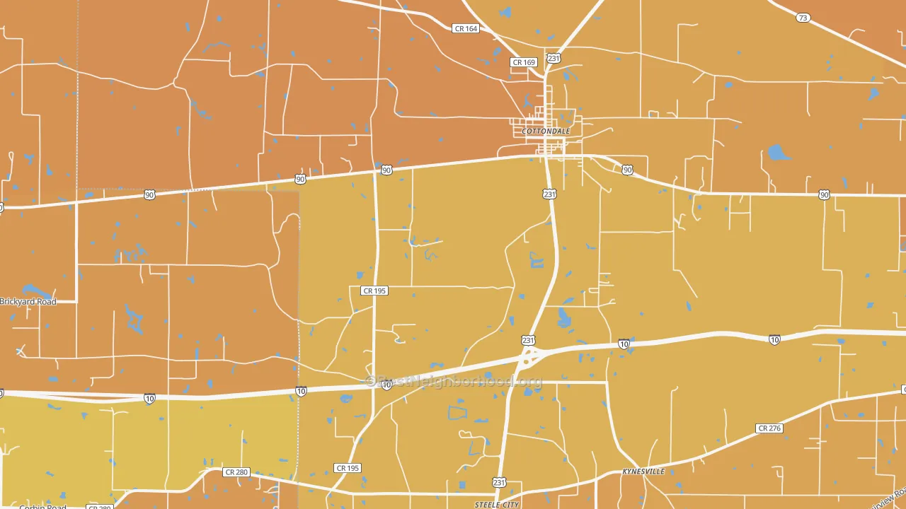 Map of the best neighborhoods in the 32431 area, with better matches in green and worse matches in red