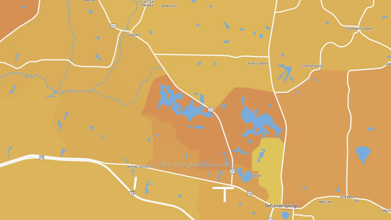Map of the best neighborhoods in the 32433 area, with better matches in green and worse matches in red