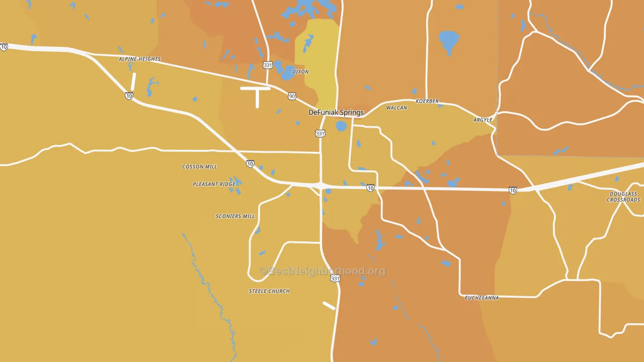 Map of the best neighborhoods in the 32435 area, with better matches in green and worse matches in red