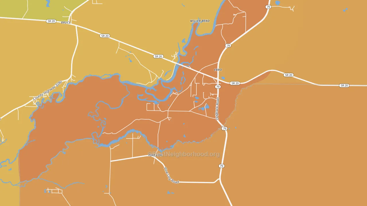 Map of the best neighborhoods in the 32437 area, with better matches in green and worse matches in red