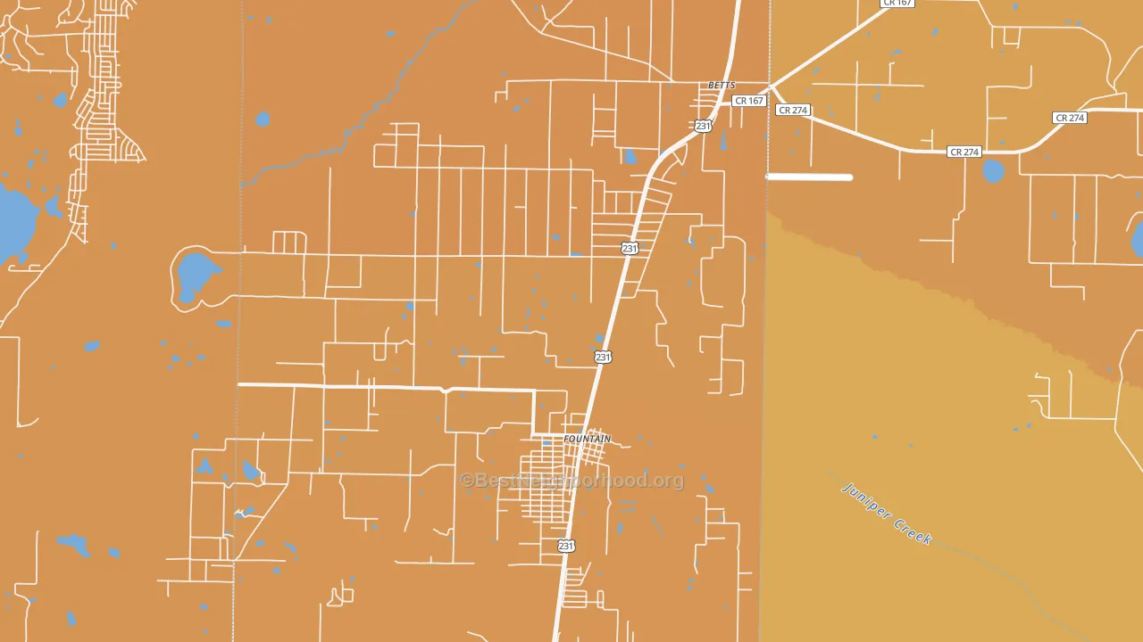 Map of the best neighborhoods in the 32438 area, with better matches in green and worse matches in red