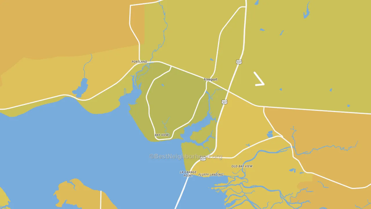 Map of the best neighborhoods in the 32439 area, with better matches in green and worse matches in red