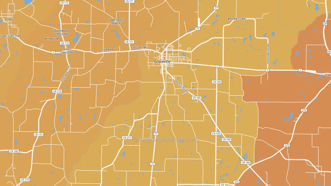 Map of the best neighborhoods in the 32440 area, with better matches in green and worse matches in red