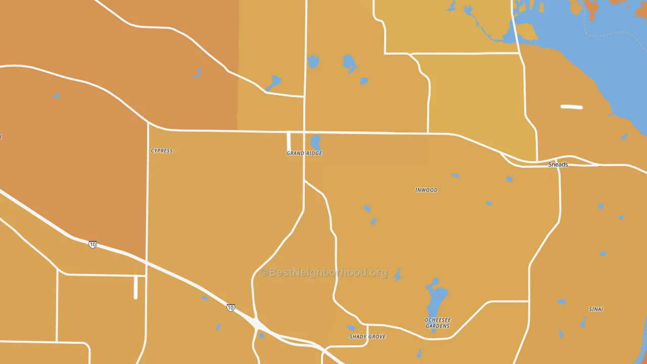 Map of the best neighborhoods in the 32442 area, with better matches in green and worse matches in red