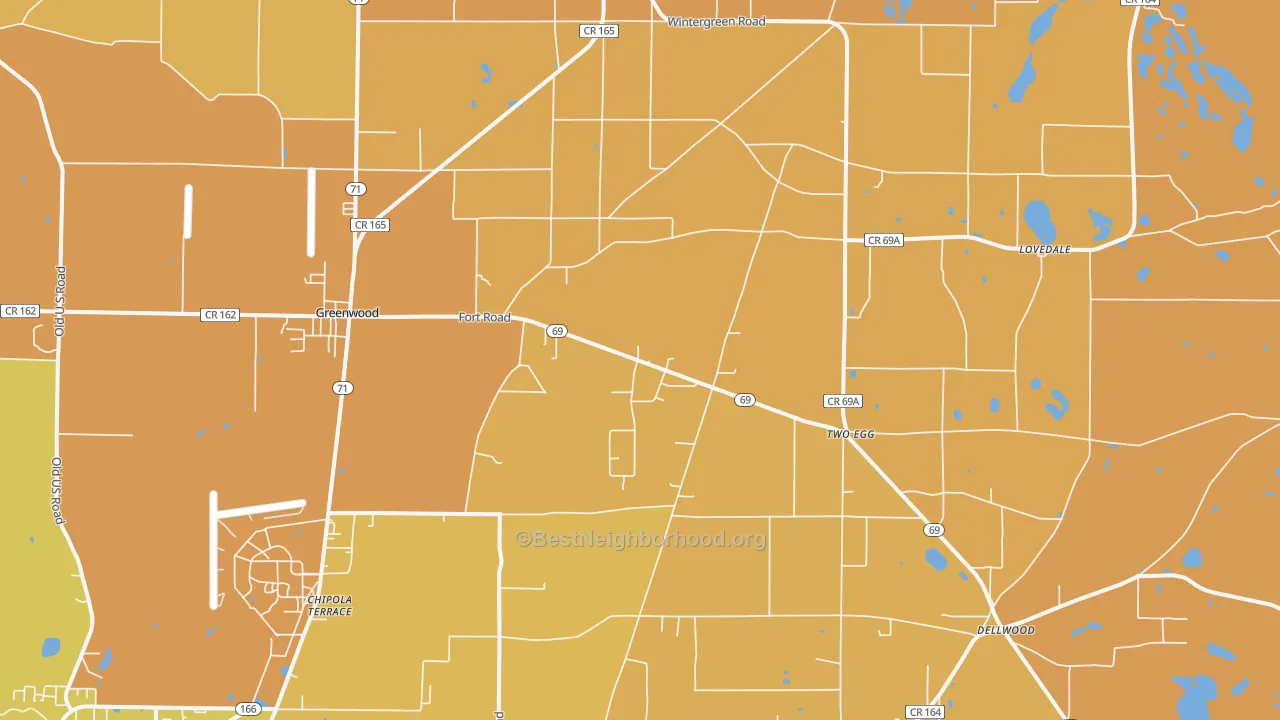 Map of the best neighborhoods in the 32443 area, with better matches in green and worse matches in red