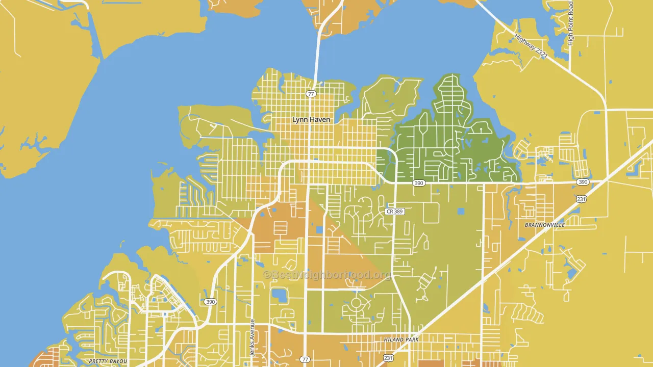 Map of the best neighborhoods in the 32444 area, with better matches in green and worse matches in red