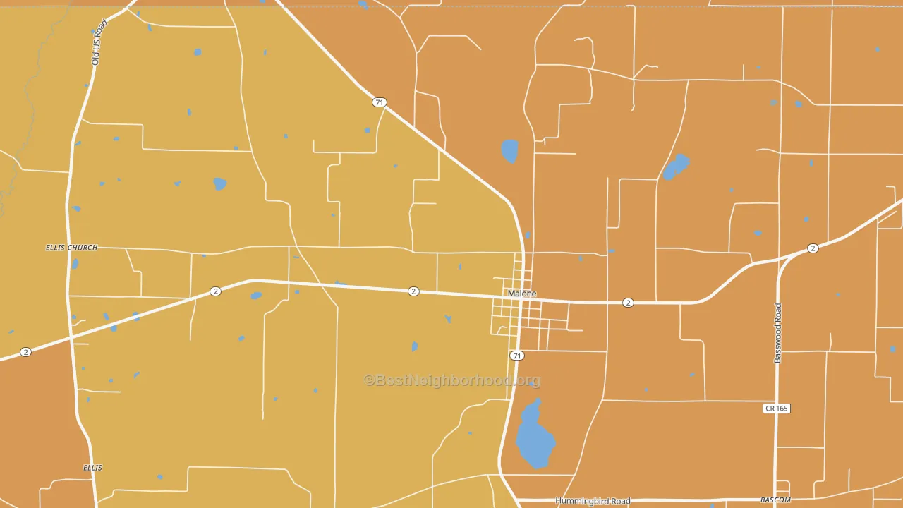 Map of the best neighborhoods in the 32445 area, with better matches in green and worse matches in red