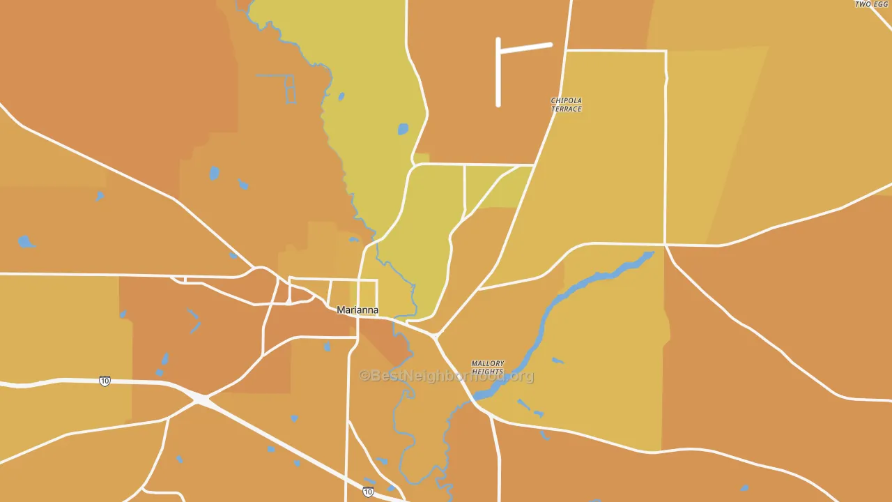 Map of the best neighborhoods in the 32446 area, with better matches in green and worse matches in red