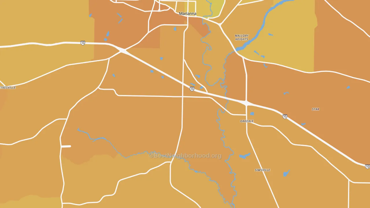 Map of the best neighborhoods in the 32448 area, with better matches in green and worse matches in red