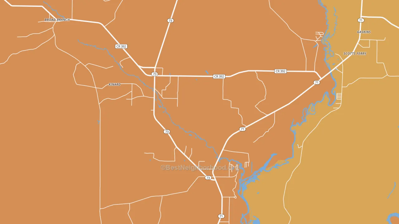 Map of the best neighborhoods in the 32449 area, with better matches in green and worse matches in red