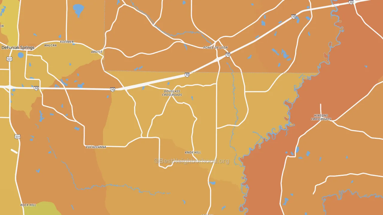 Map of the best neighborhoods in the 32455 area, with better matches in green and worse matches in red