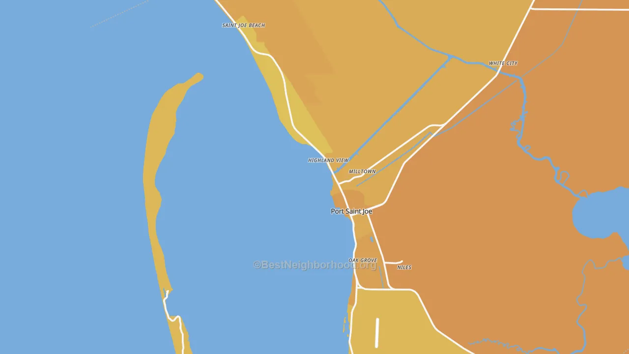 Map of the best neighborhoods in the 32456 area, with better matches in green and worse matches in red