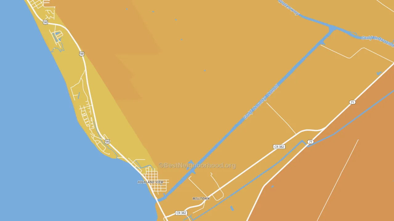 Map of the best neighborhoods in the 32457 area, with better matches in green and worse matches in red