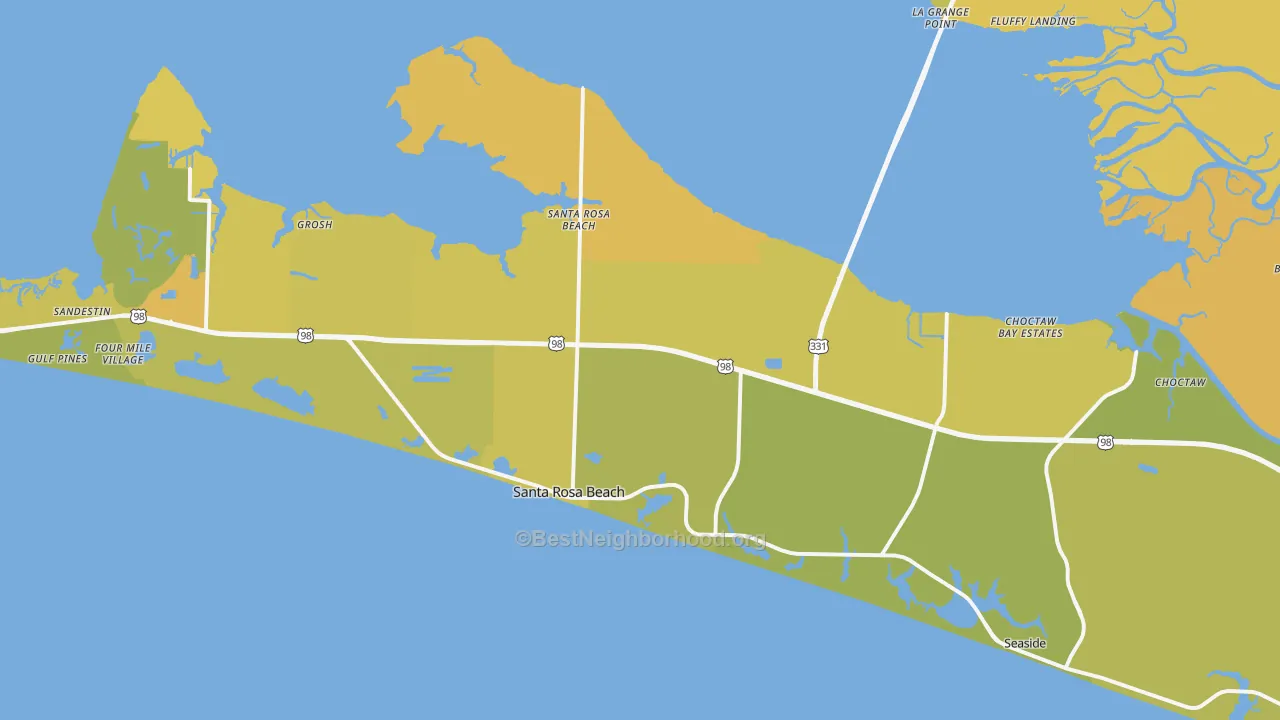 Map of the best neighborhoods in the 32459 area, with better matches in green and worse matches in red