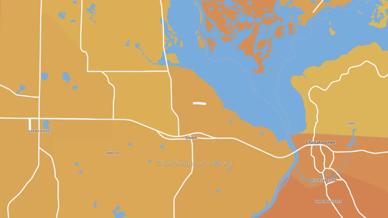 Map of the best neighborhoods in the 32460 area, with better matches in green and worse matches in red