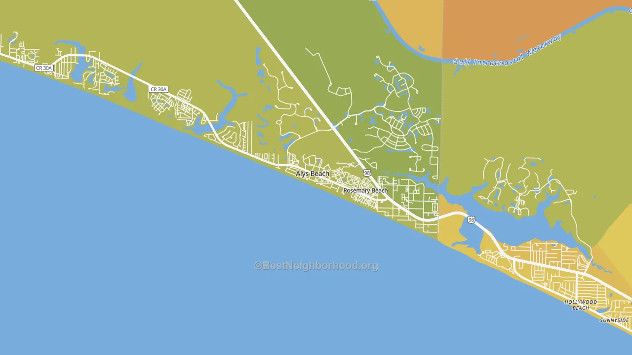 Map of the best neighborhoods in the 32461 area, with better matches in green and worse matches in red
