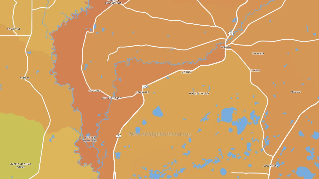 Map of the best neighborhoods in the 32462 area, with better matches in green and worse matches in red