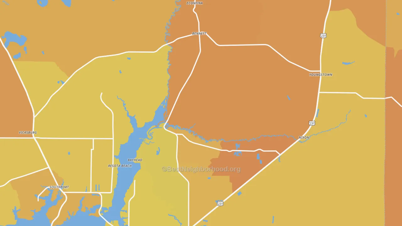 Map of the best neighborhoods in the 32466 area, with better matches in green and worse matches in red