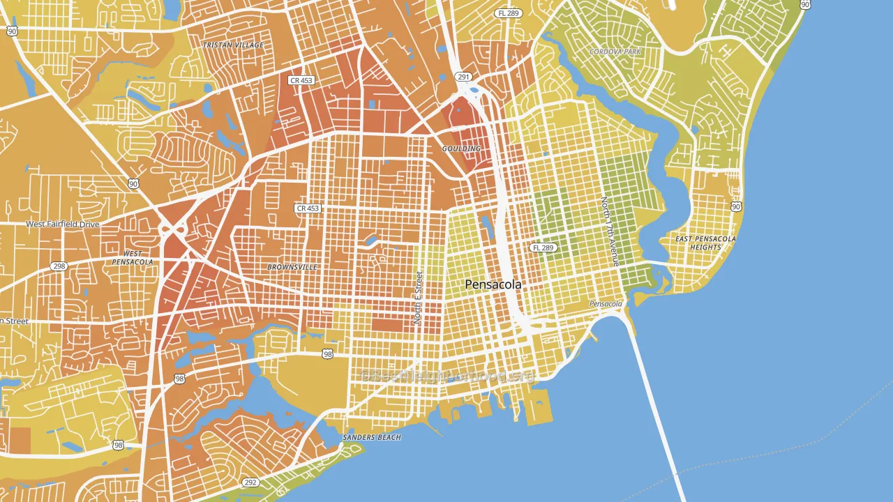 Map of the best neighborhoods in the 32501 area, with better matches in green and worse matches in red