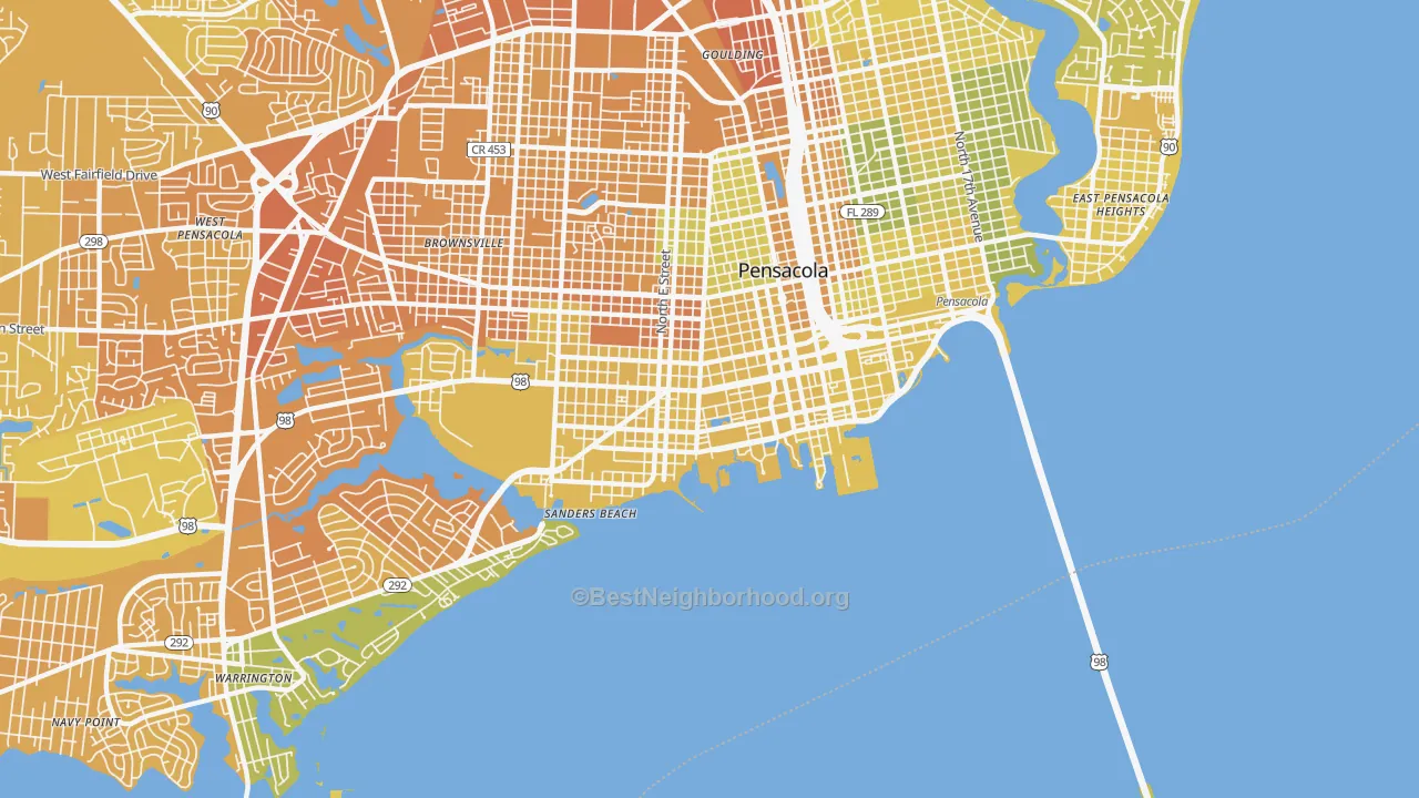 Map of the best neighborhoods in the 32502 area, with better matches in green and worse matches in red