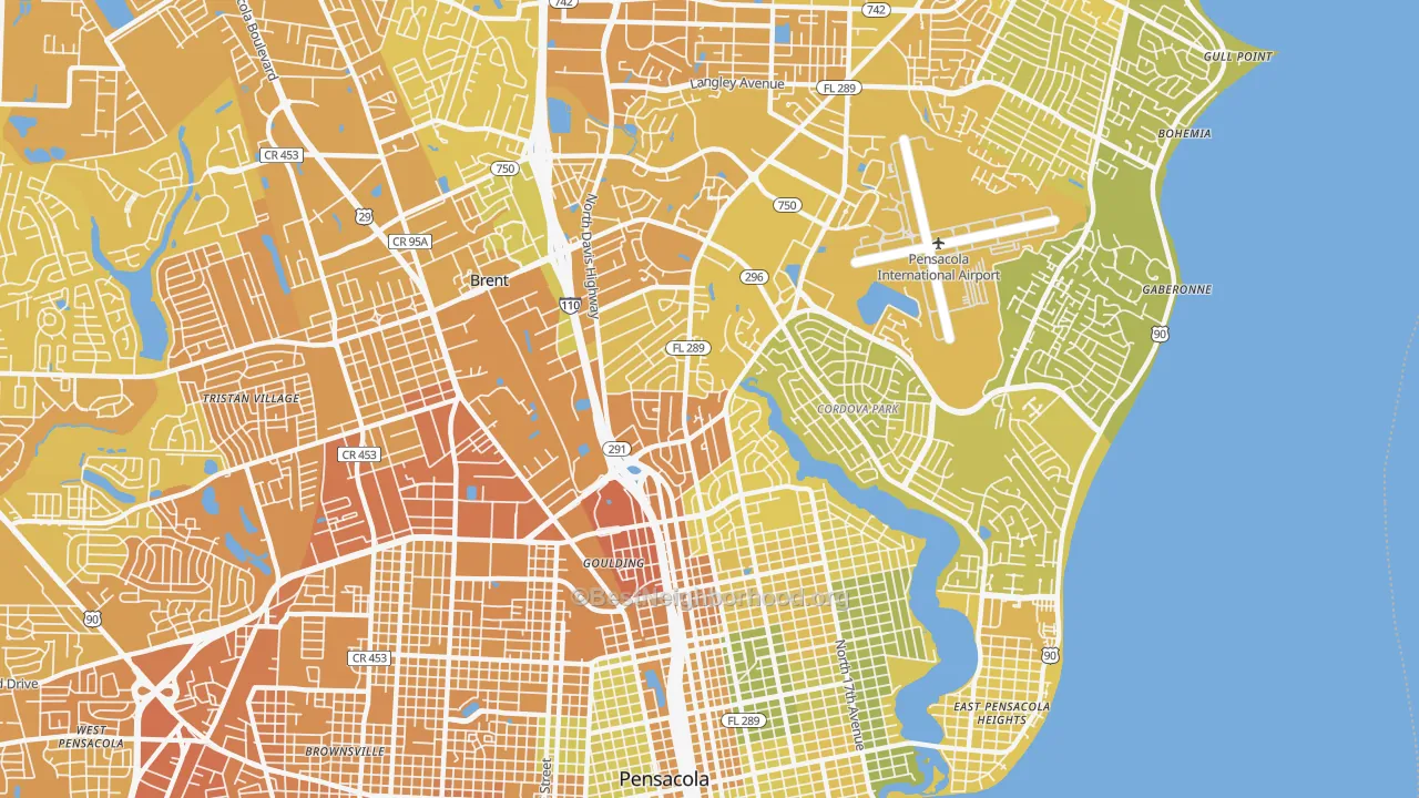 Map of the best neighborhoods in the 32503 area, with better matches in green and worse matches in red