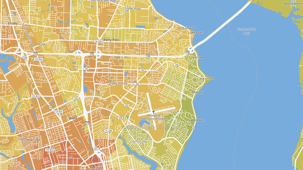 Map of the best neighborhoods in the 32504 area, with better matches in green and worse matches in red