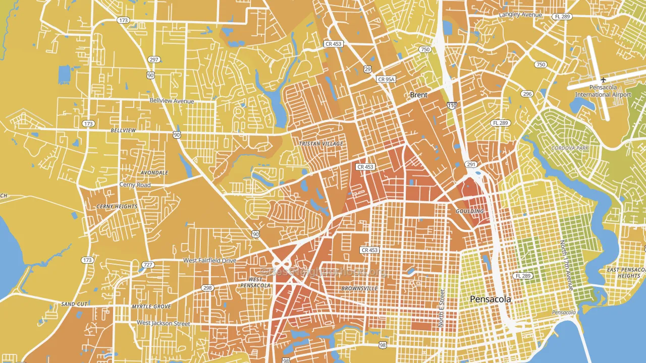 Map of the best neighborhoods in the 32505 area, with better matches in green and worse matches in red