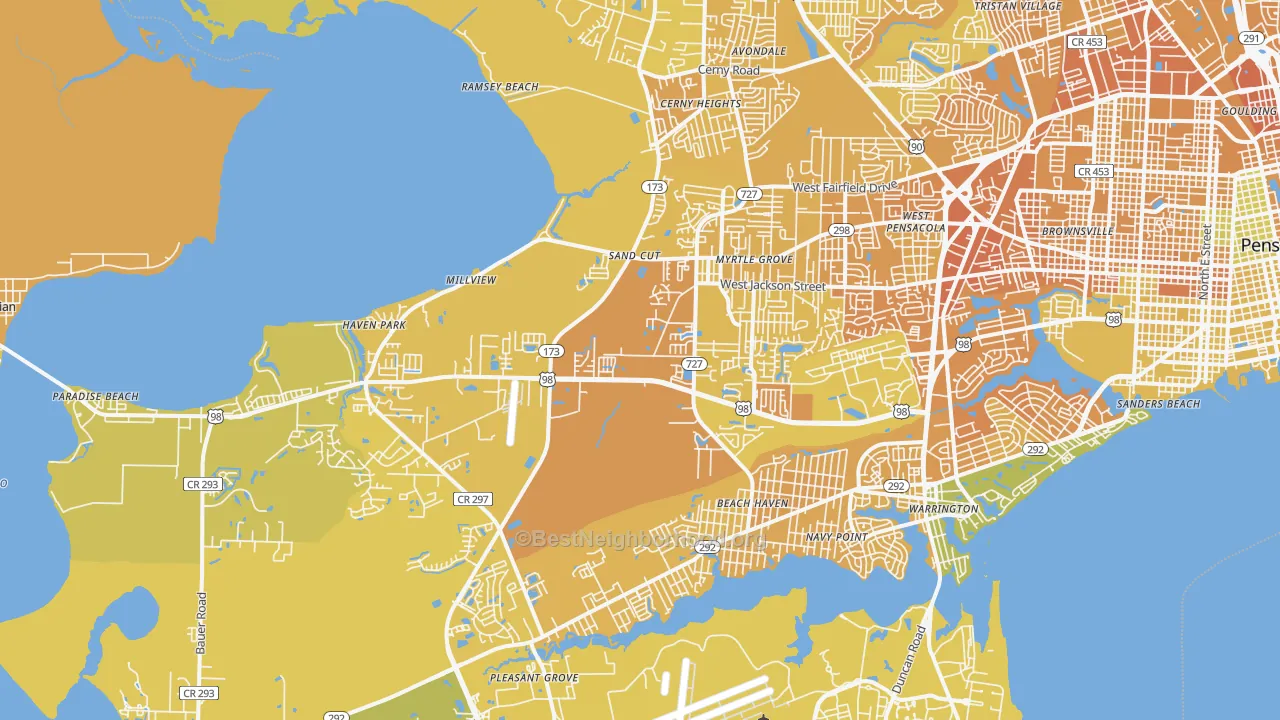 Map of the best neighborhoods in the 32506 area, with better matches in green and worse matches in red