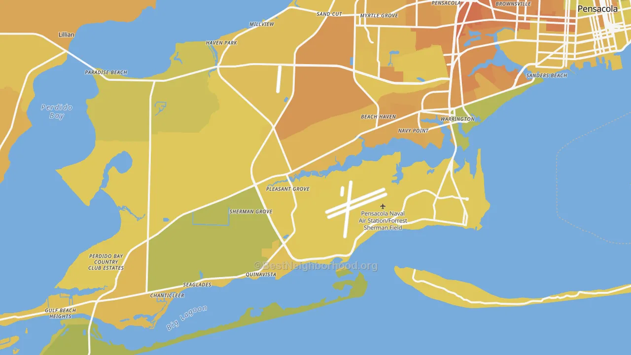 Map of the best neighborhoods in the 32507 area, with better matches in green and worse matches in red