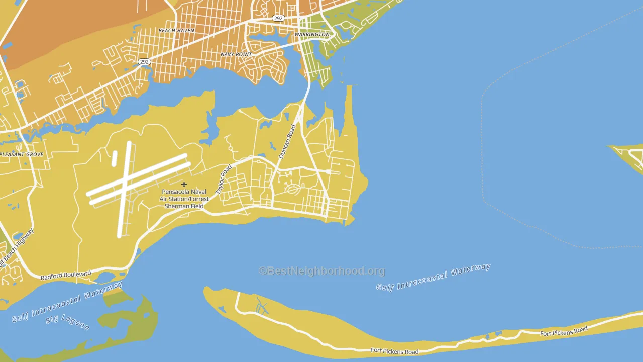 Map of the best neighborhoods in the 32508 area, with better matches in green and worse matches in red