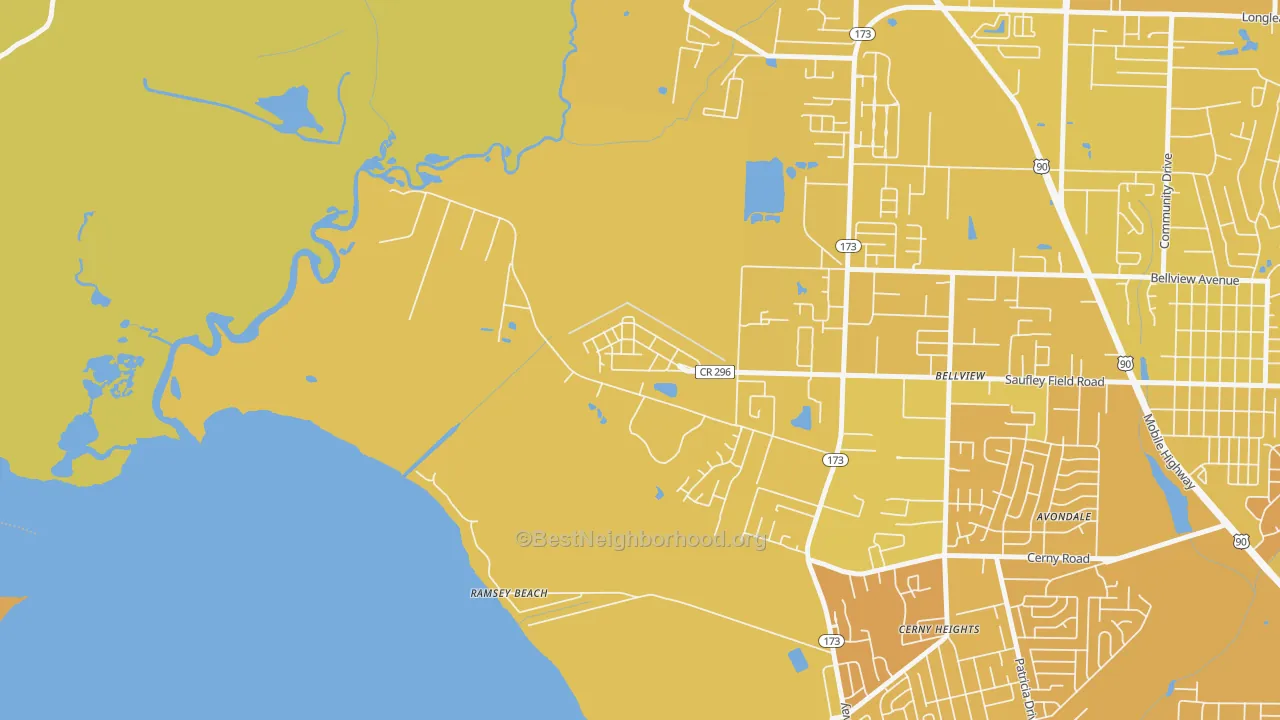 Map of the best neighborhoods in the 32509 area, with better matches in green and worse matches in red