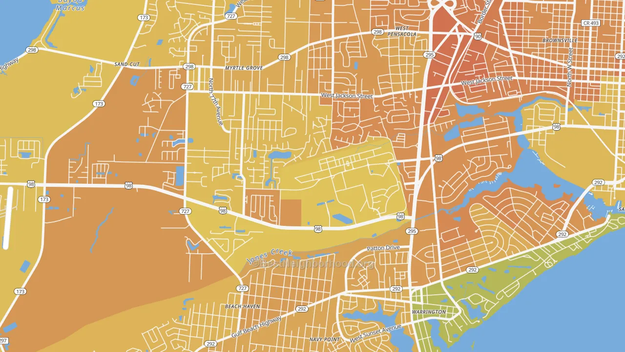 Map of the best neighborhoods in the 32511 area, with better matches in green and worse matches in red
