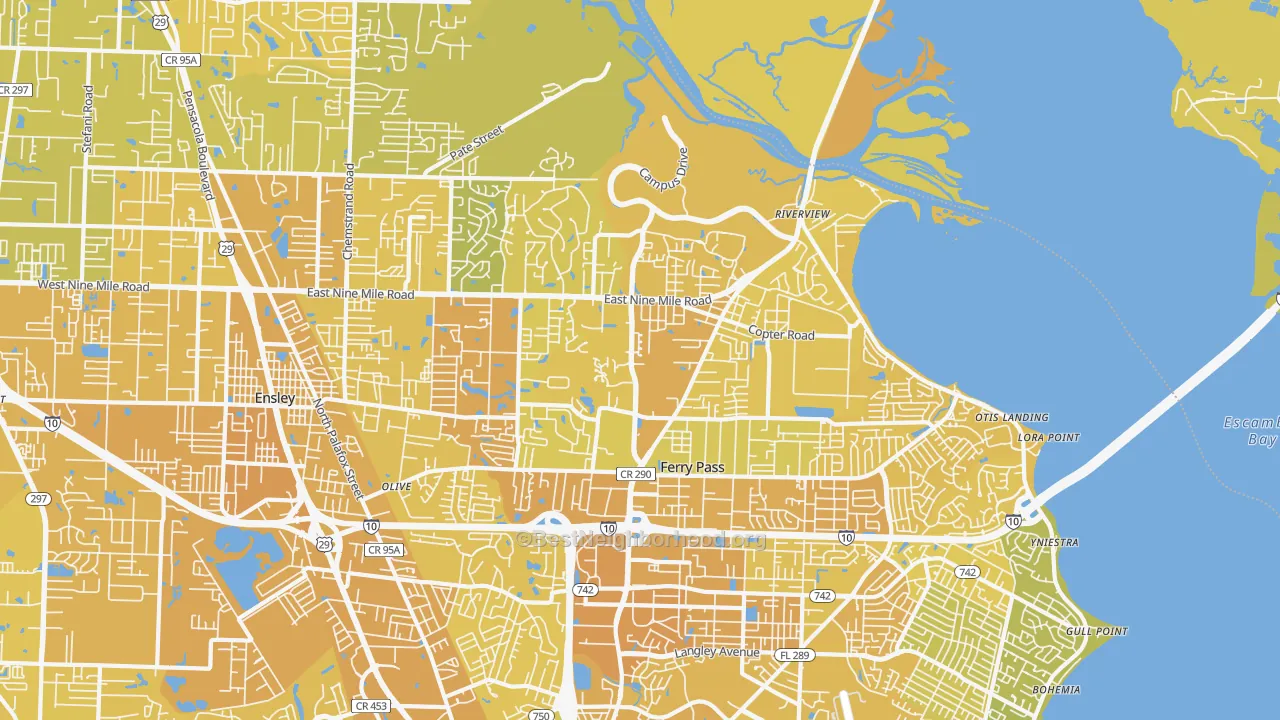 Map of the best neighborhoods in the 32514 area, with better matches in green and worse matches in red