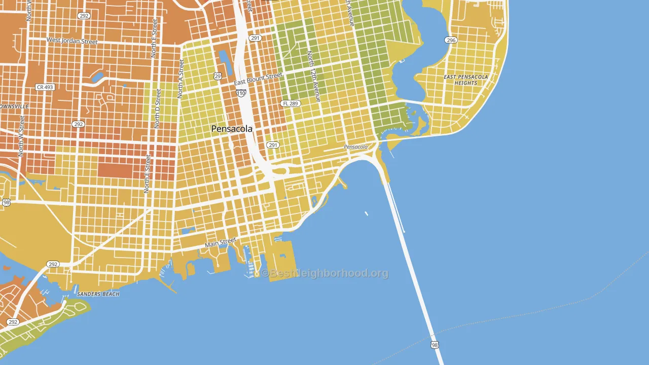 Map of the best neighborhoods in the 32520 area, with better matches in green and worse matches in red