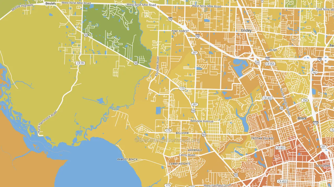 Map of the best neighborhoods in the 32526 area, with better matches in green and worse matches in red