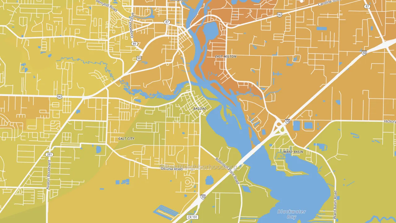 Map of the best neighborhoods in the 32530 area, with better matches in green and worse matches in red