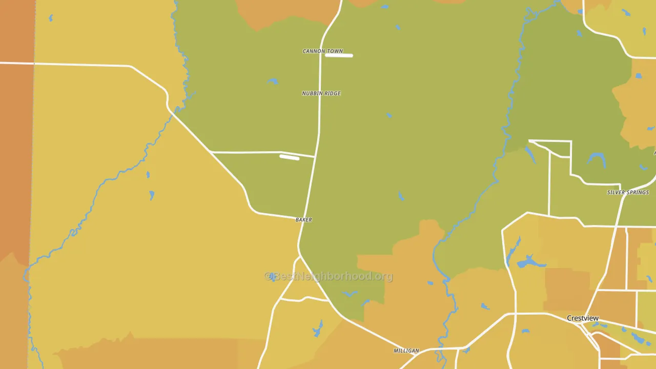 Map of the best neighborhoods in the 32531 area, with better matches in green and worse matches in red