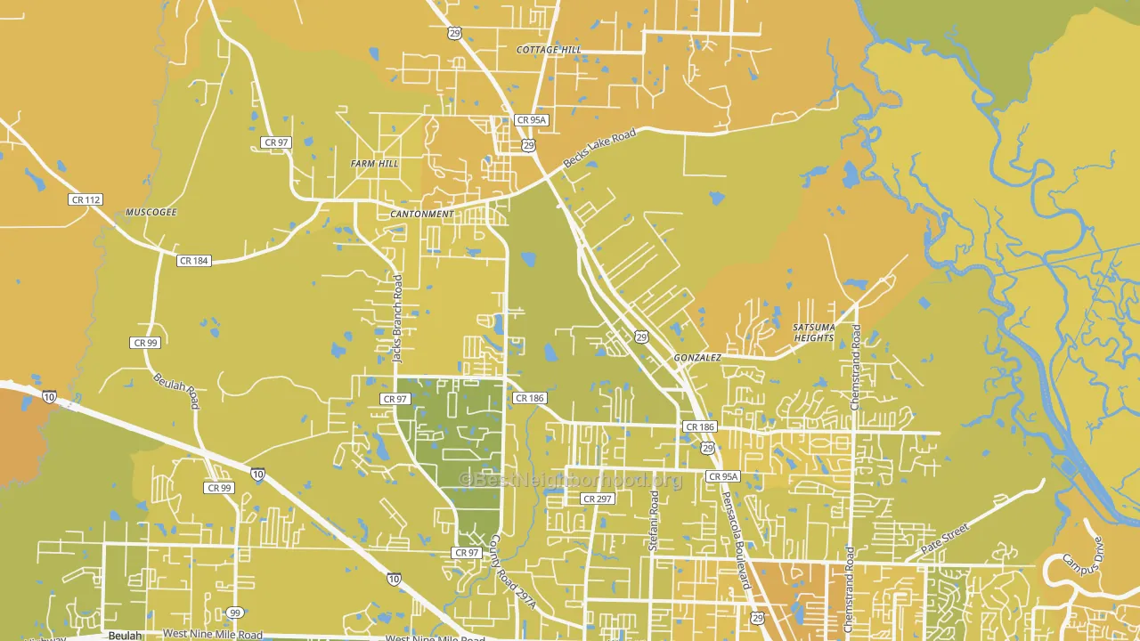 Map of the best neighborhoods in the 32533 area, with better matches in green and worse matches in red