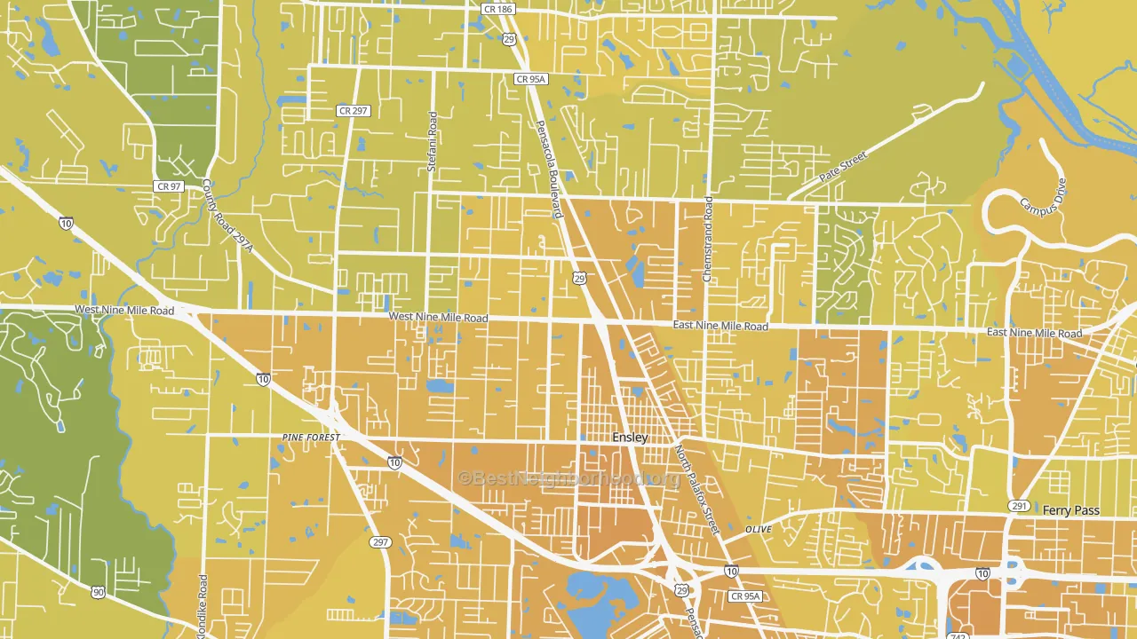 Map of the best neighborhoods in the 32534 area, with better matches in green and worse matches in red