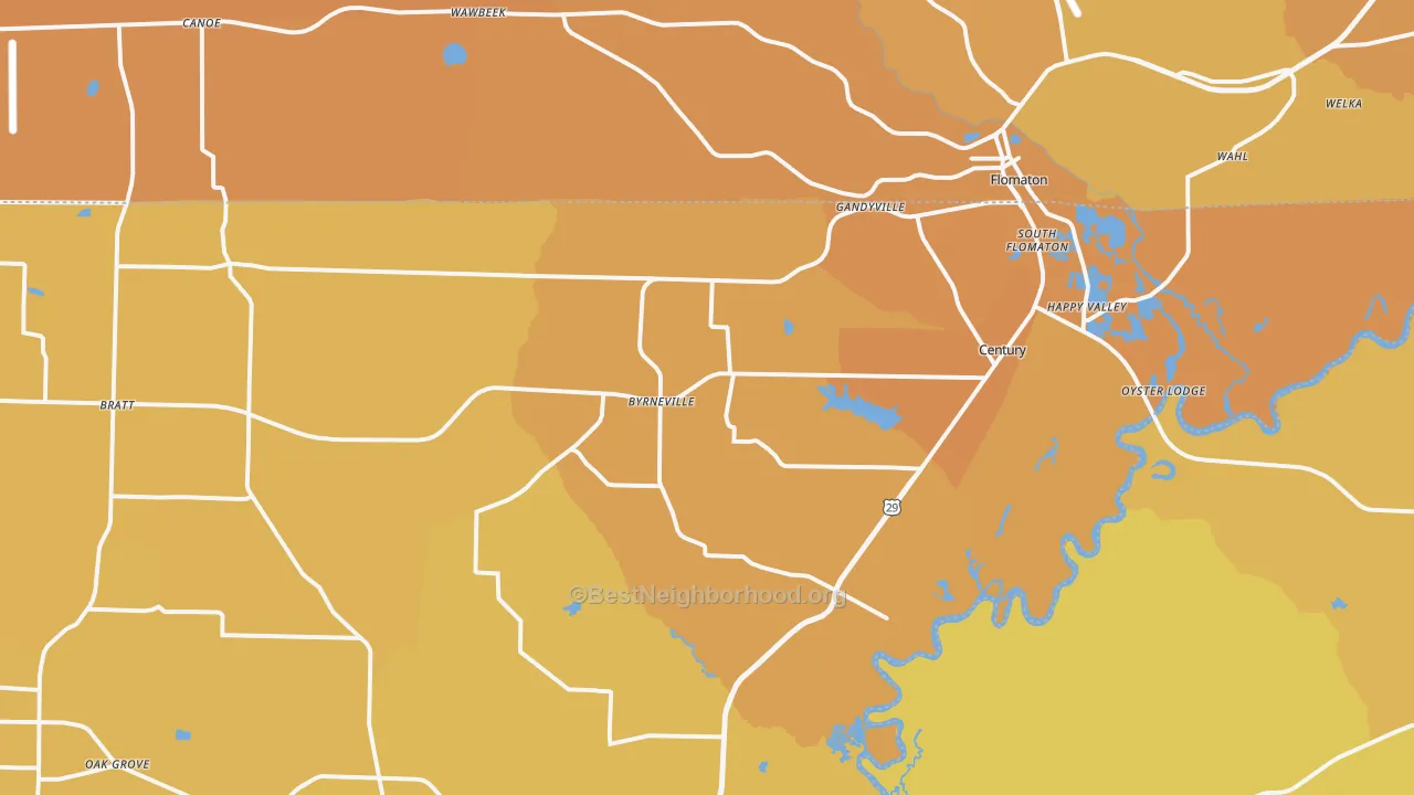 Map of the best neighborhoods in the 32535 area, with better matches in green and worse matches in red