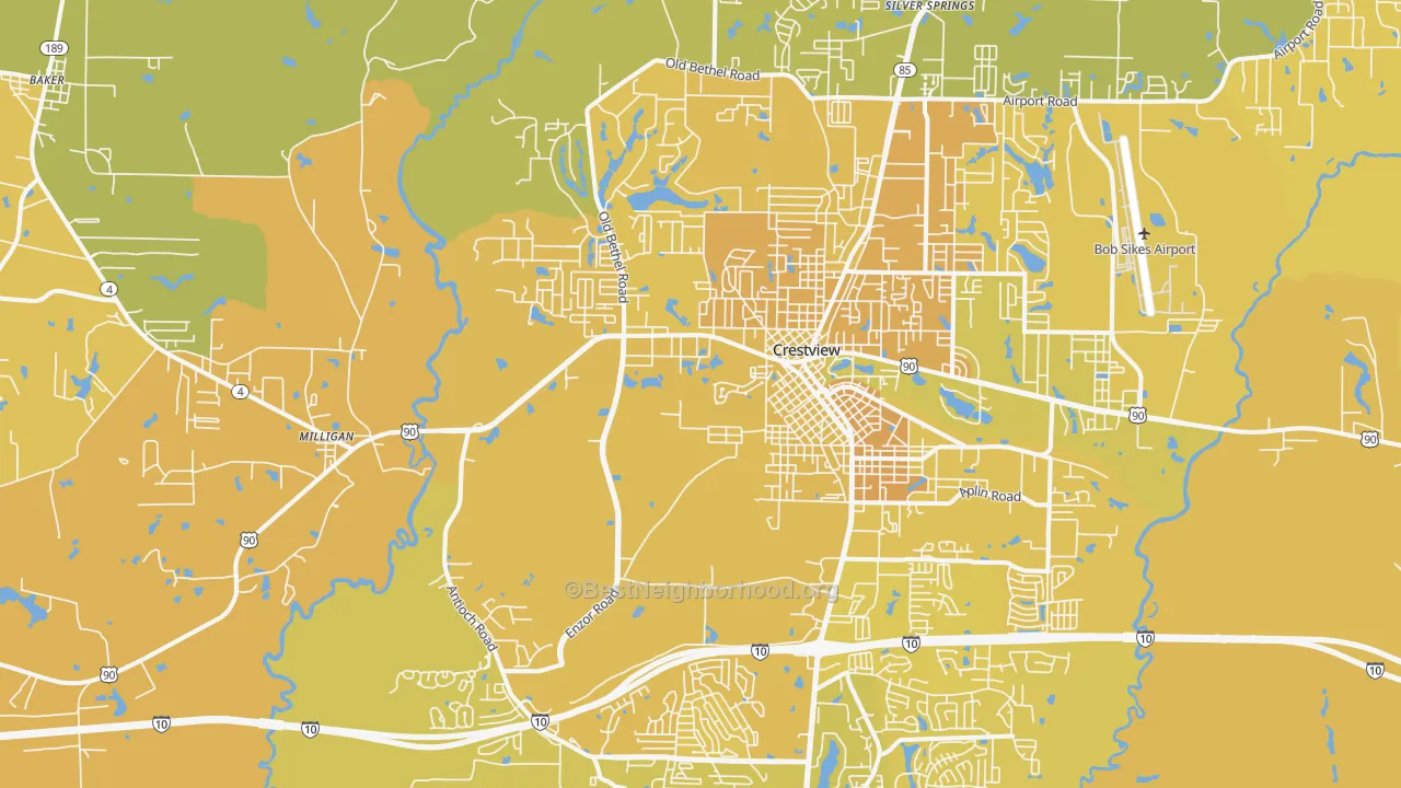 Map of the best neighborhoods in the 32536 area, with better matches in green and worse matches in red
