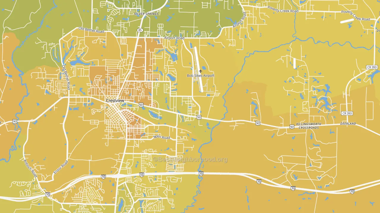 Map of the best neighborhoods in the 32539 area, with better matches in green and worse matches in red