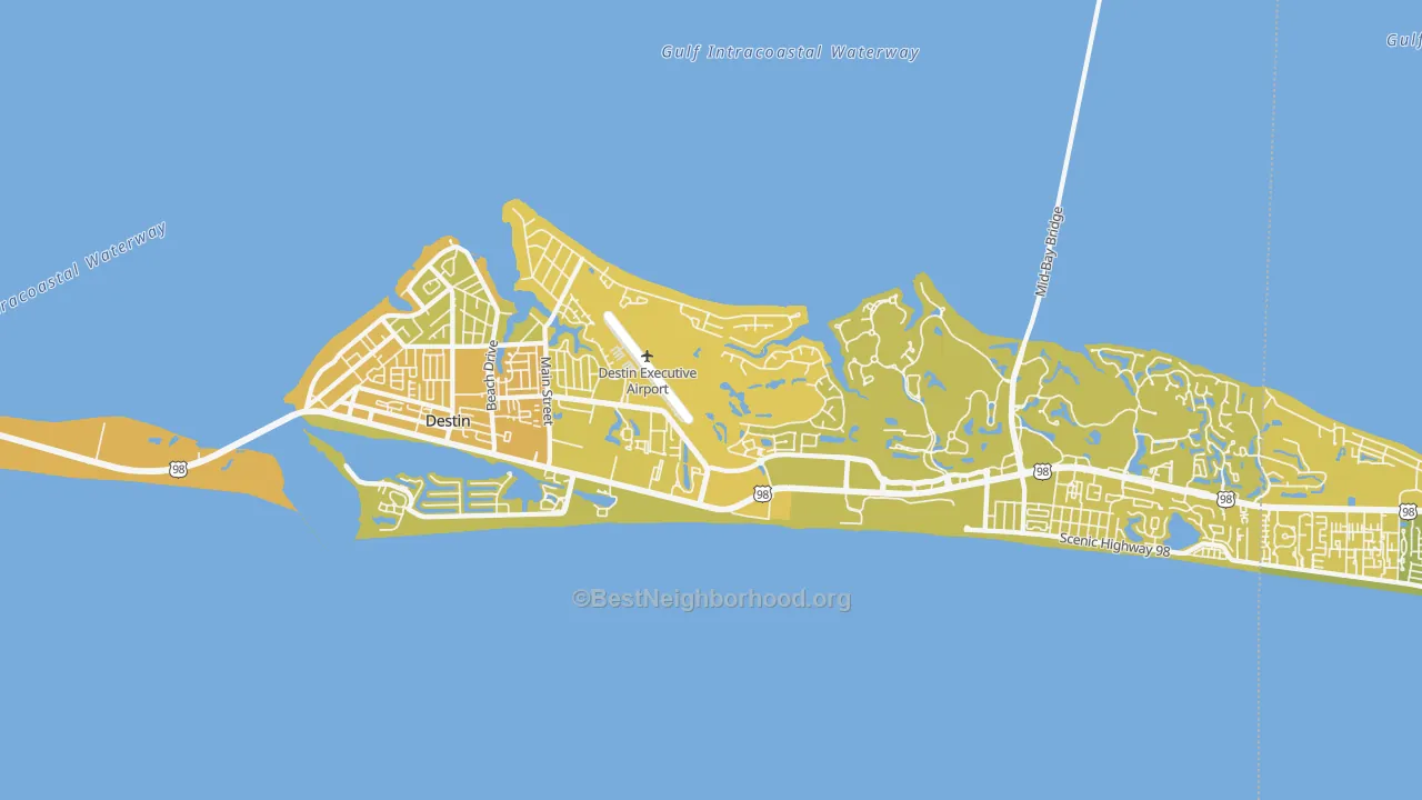 Map of the best neighborhoods in the 32541 area, with better matches in green and worse matches in red