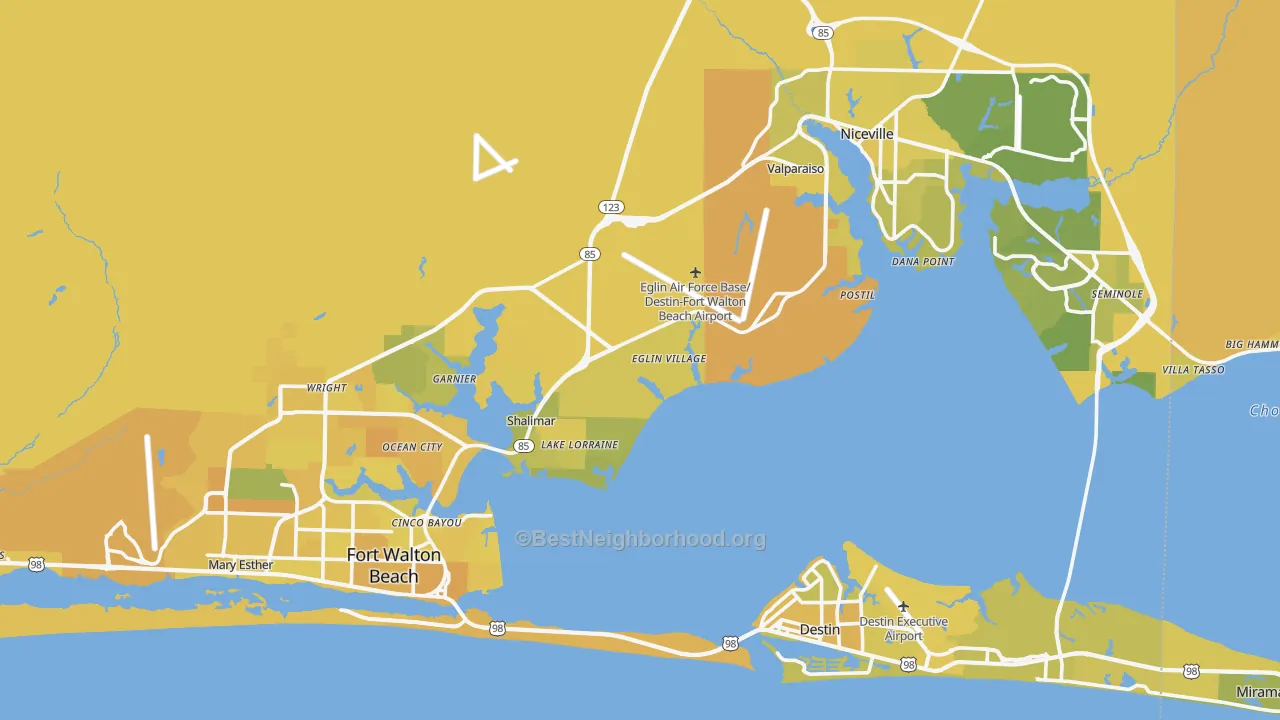 Map of the best neighborhoods in the 32542 area, with better matches in green and worse matches in red