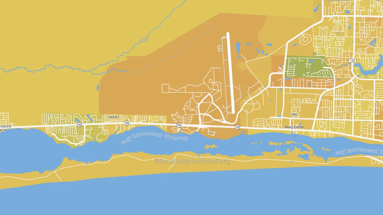 Map of the best neighborhoods in the 32544 area, with better matches in green and worse matches in red