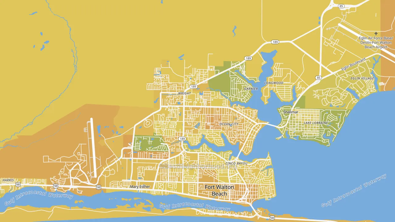 Map of the best neighborhoods in the 32547 area, with better matches in green and worse matches in red