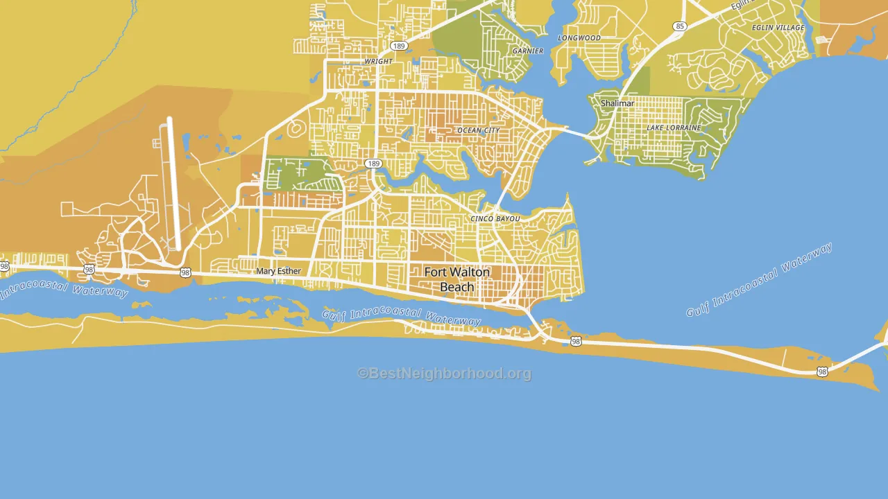 Map of the best neighborhoods in the 32548 area, with better matches in green and worse matches in red