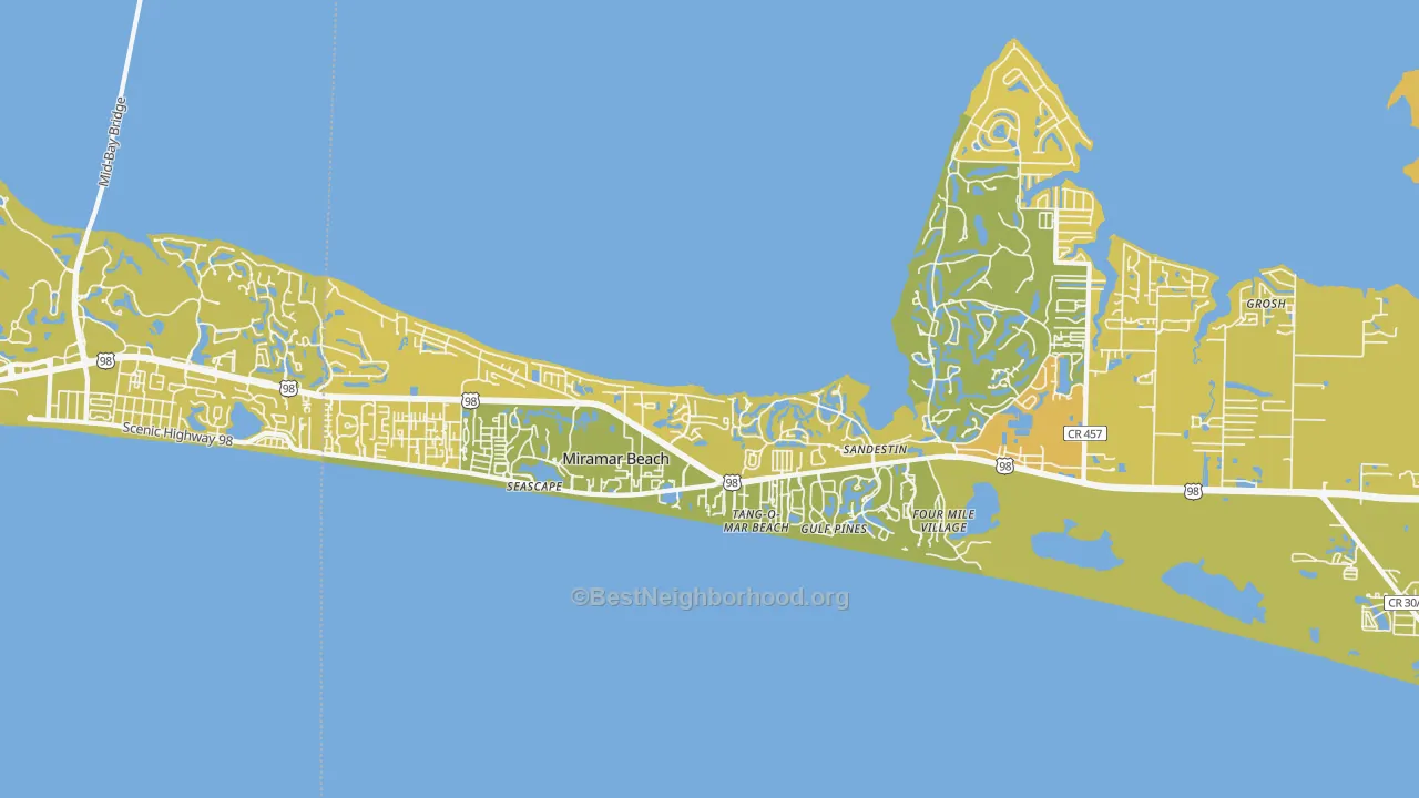 Map of the best neighborhoods in the 32550 area, with better matches in green and worse matches in red
