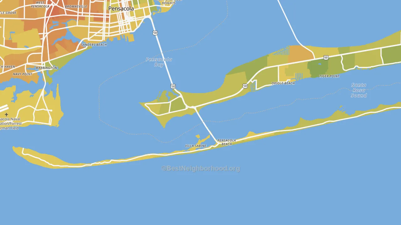 Map of the best neighborhoods in the 32561 area, with better matches in green and worse matches in red