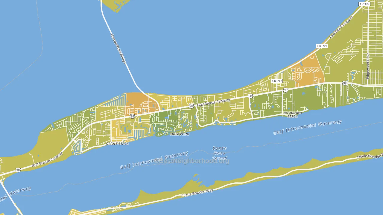 Map of the best neighborhoods in the 32563 area, with better matches in green and worse matches in red